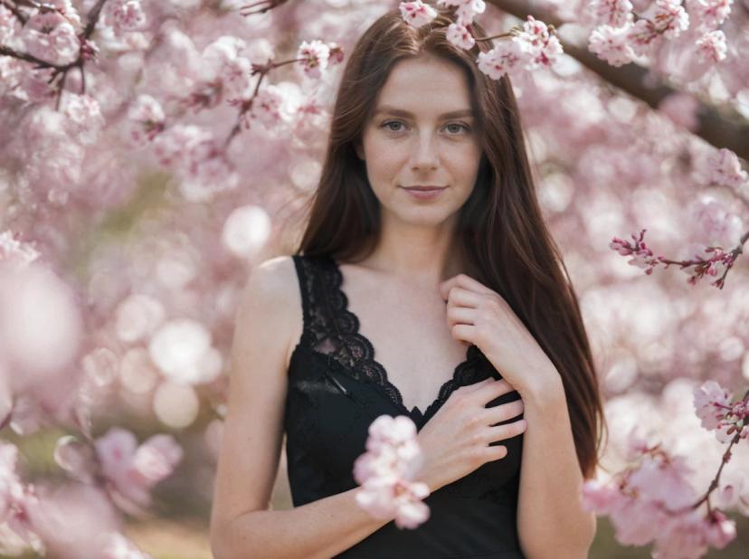 A woman with long hair wearing a black lace top standing amidst blooming pink cherry blossoms, with a hand gently resting on their chest.