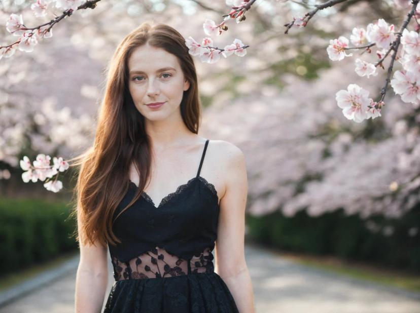 A woman with long brown hair wearing a black lace dress standing under cherry blossom trees in full bloom.