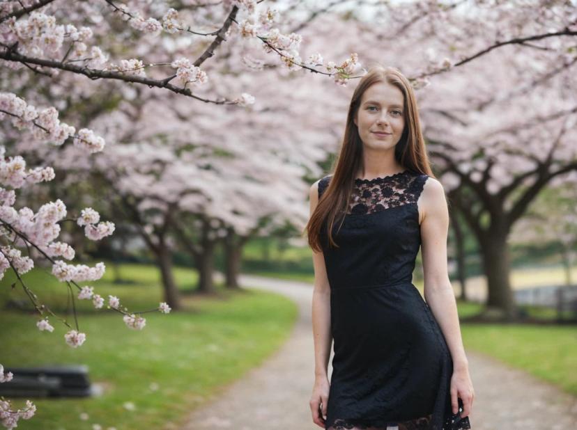 A woman in a black lace dress standing on a pathway with blooming cherry blossom trees on either side.
