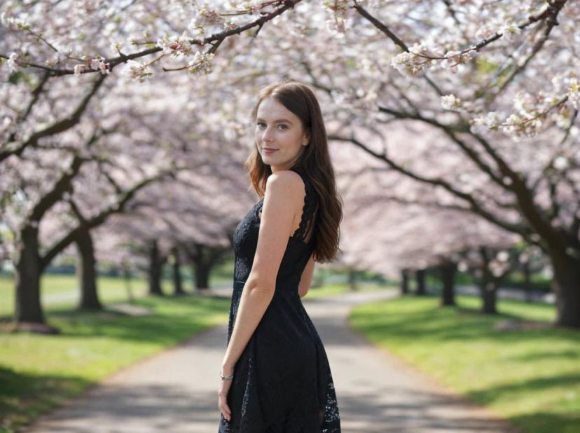 A woman in a sleeveless black lace dress standing on a path with blooming cherry blossom trees lining both sides. The atmosphere is serene and spring-like with flowers in peak bloom, creating a canopy of light pink above the walkway.