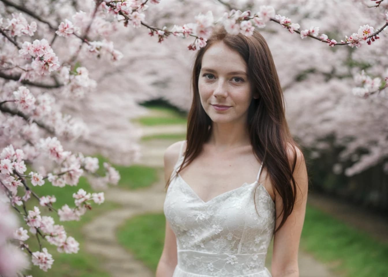 A woman in a white lace dress standing in front of blooming pink cherry blossom trees.