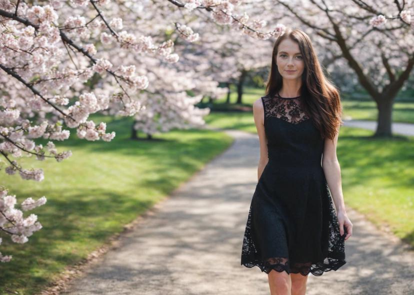 A woman in a black lace dress standing on a pathway surrounded by blossoming cherry trees in a park-like setting.