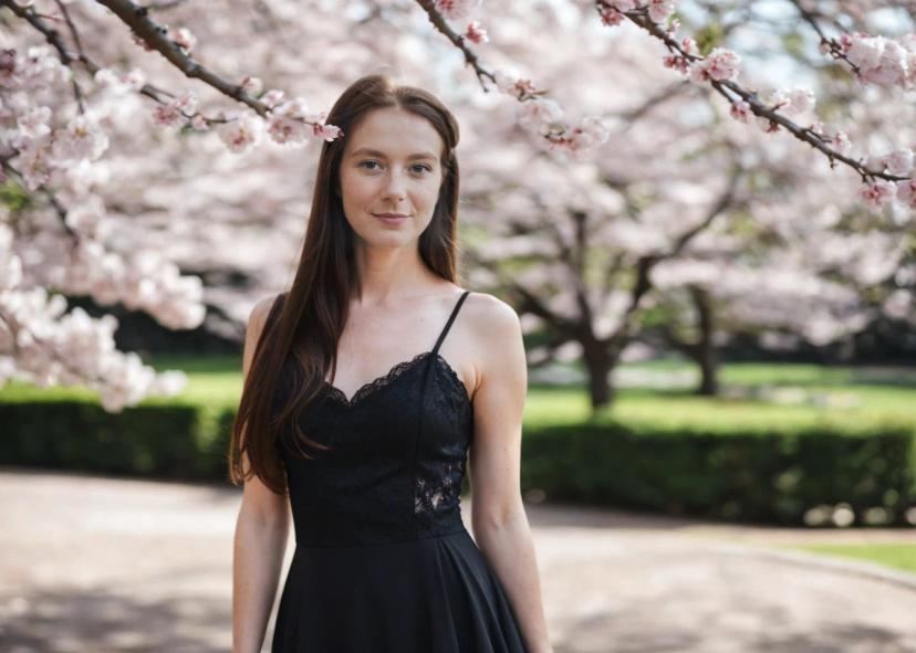 A woman with long hair wearing a sleeveless black dress stands in front of blooming cherry blossom trees in a park setting with green grass and hedges in the background.