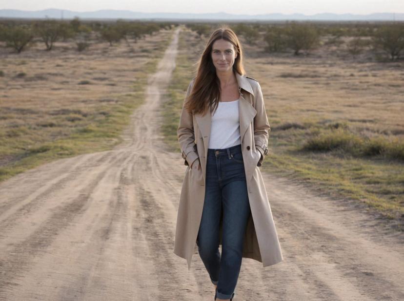 A woman stands in the middle of a dusty road that stretches into the distance amidst a sparse desert landscape. She is dressed in blue jeans, a white top, and a long beige coat, with hands casually in pockets. The surroundings are tranquil with low shrubs scattered around and a clear sky above.