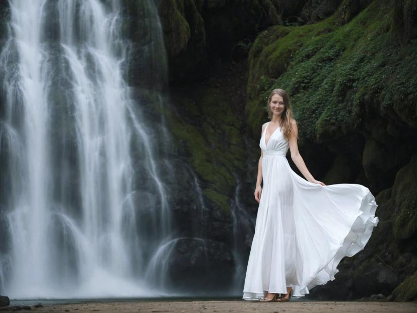 A woman in a flowing white dress standing beside a waterfall surrounded by lush greenery.