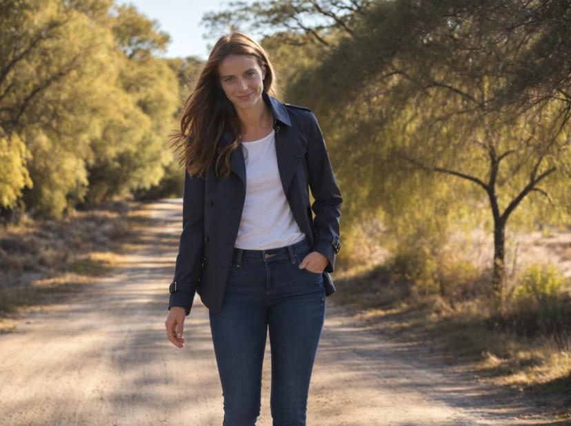 A woman in a dark blue blazer and jeans standing on a dirt road surrounded by trees with autumn foliage under a soft sunlight.