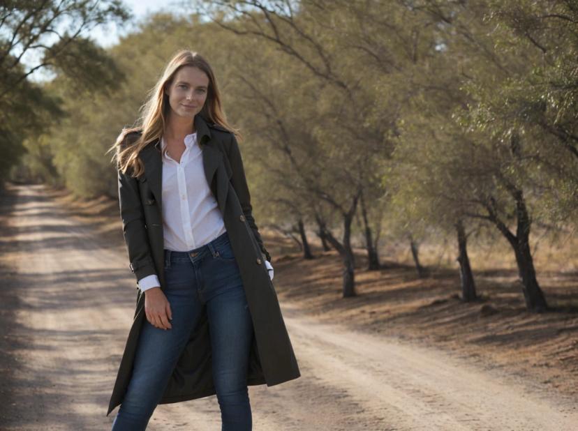 A woman stands in the middle of a dirt road surrounded by trees, wearing jeans, a white shirt, and a long coat, with one hand in their pocket.