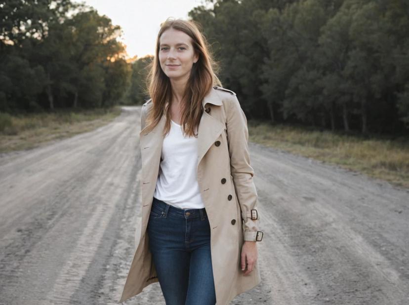 A woman wearing a white shirt, blue jeans, and a beige trench coat stands in the middle of a dirt road surrounded by trees at dusk.