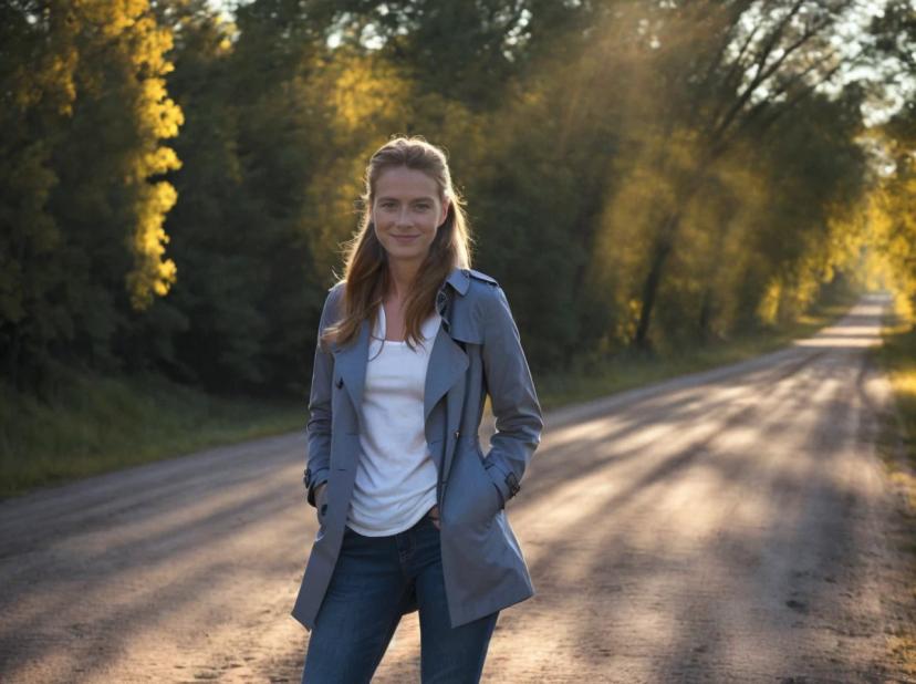 A woman wearing a grey jacket over a white shirt with blue jeans standing on a dirt road surrounded by trees with autumn foliage in the soft light of the setting sun.