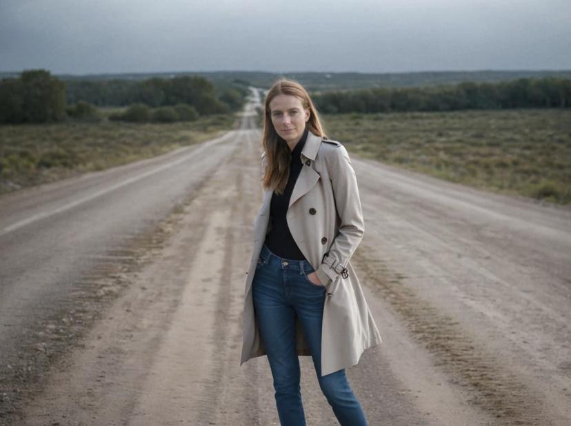 A woman stands in the middle of a dirt road surrounded by open land, wearing a beige trench coat and blue jeans. The sky is overcast, and a long road stretches into the horizon behind her.