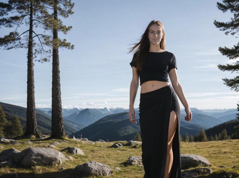 A woman in a black crop top and high-slit skirt standing amidst a mountainous terrain with pine trees and distant mountain peaks in the background.