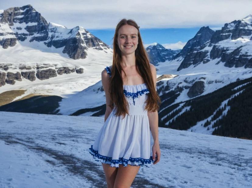 A woman in a white dress with blue detailing stands on a snowy mountainside with a backdrop of rugged snow-covered peaks under a clear blue sky.