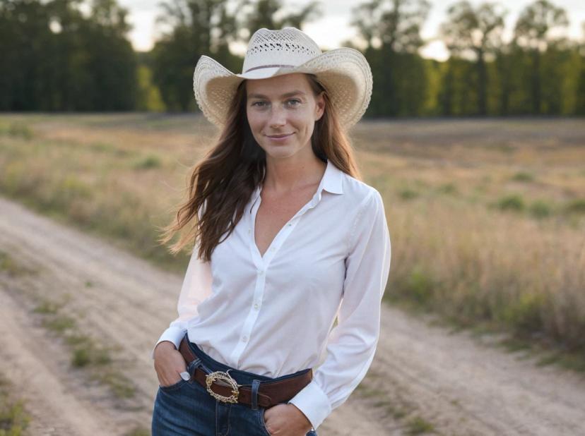 A woman with long hair wearing a white shirt, blue jeans with a brown belt and buckle, and a white cowboy hat, standing on a dirt road with grassy fields and trees in the background during daylight.