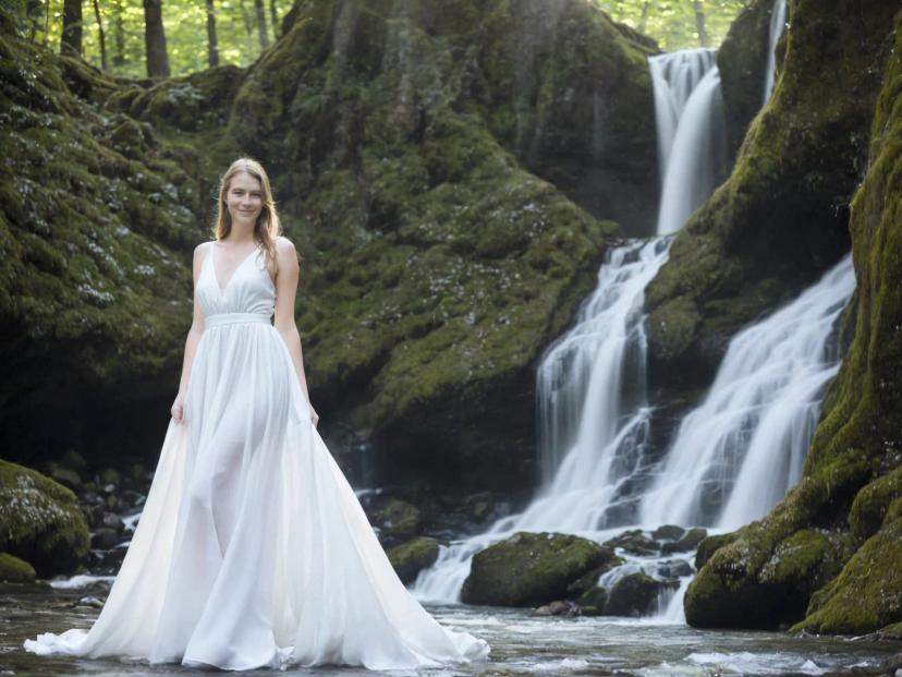 A woman in a flowing white gown standing in front of a picturesque waterfall surrounded by lush greenery and rocks. The waterfall cascades down into a serene pool, and the ambient light filters through the forest canopy, creating a tranquil and natural atmosphere.