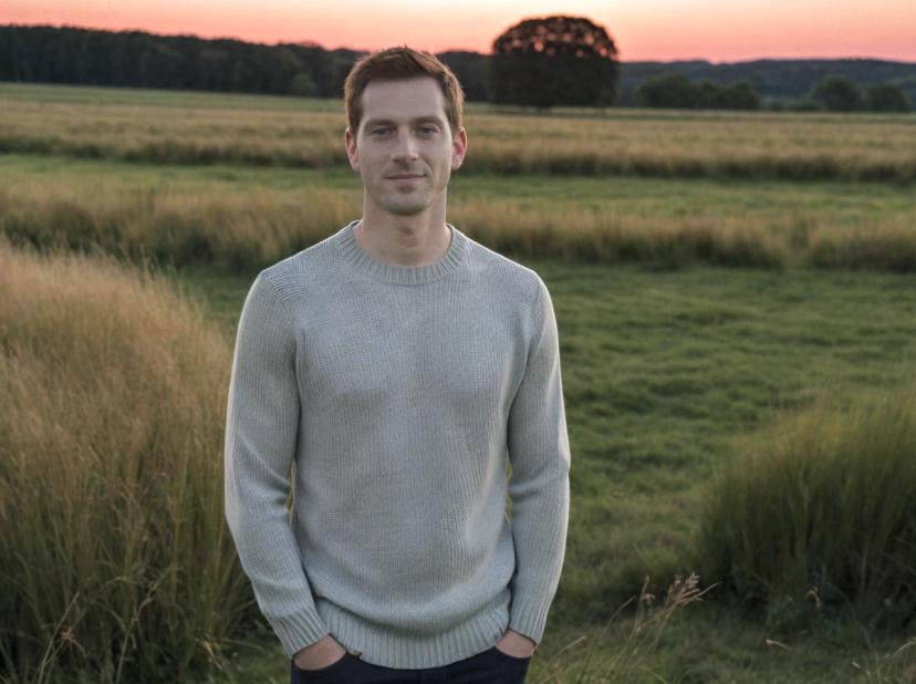 A man standing in a field wearing a grey sweater with hands slightly tucked into jeans pockets, with a backdrop of an open field and trees during dusk.
