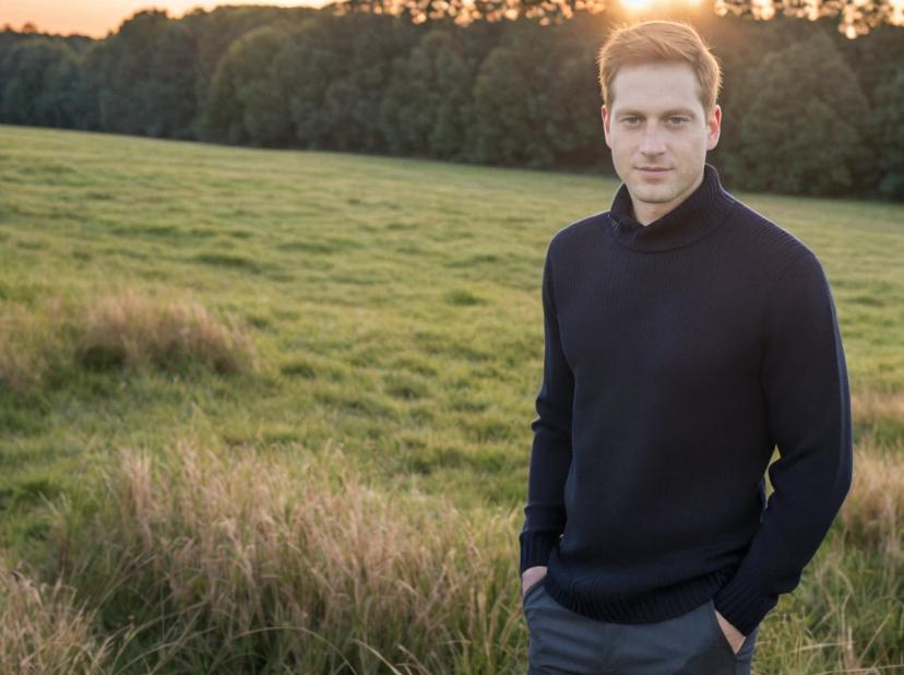 A man wearing a navy blue sweater and dark trousers standing in a field with tall grass and trees in the background during sunset.