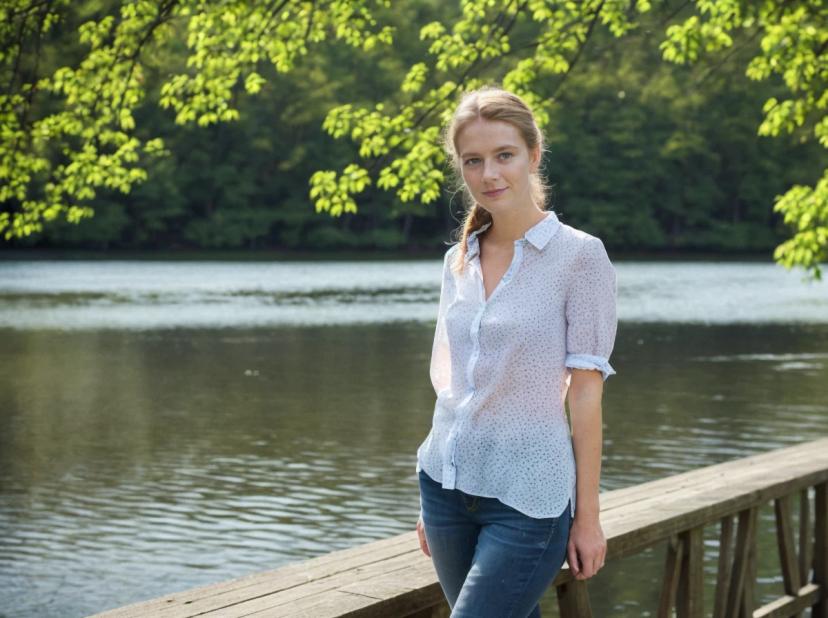 A woman wearing a white shirt with a delicate pattern and blue jeans standing on a wooden dock by a calm lake with green trees in the background.