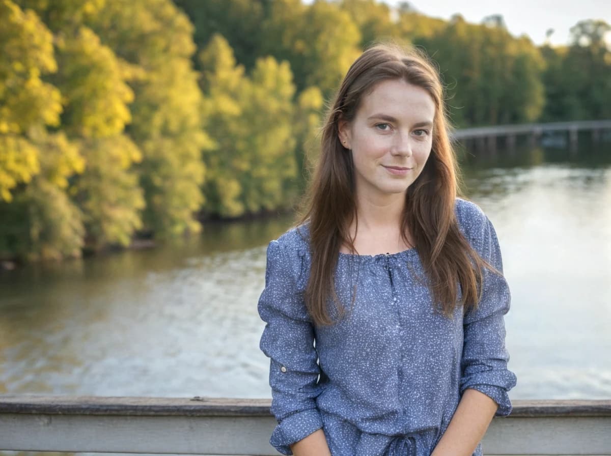 A woman with long hair wearing a blue blouse with a speckled pattern is standing in front of a railing with a backdrop of lush green trees and a calm body of water. It appears to be a serene outdoor setting, likely in the late afternoon based on the soft lighting.