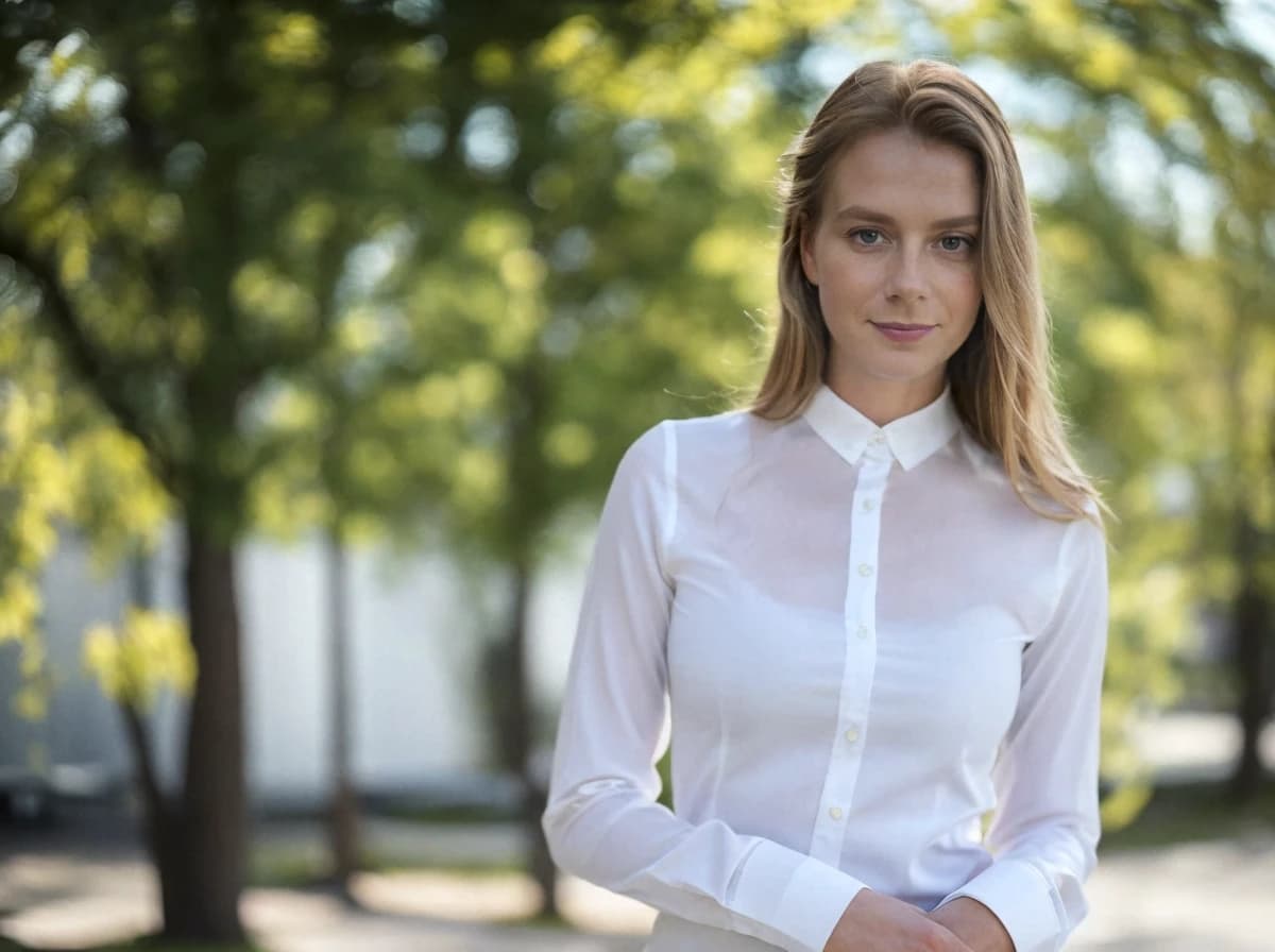 A woman in a white shirt standing outdoors with green trees in the background.