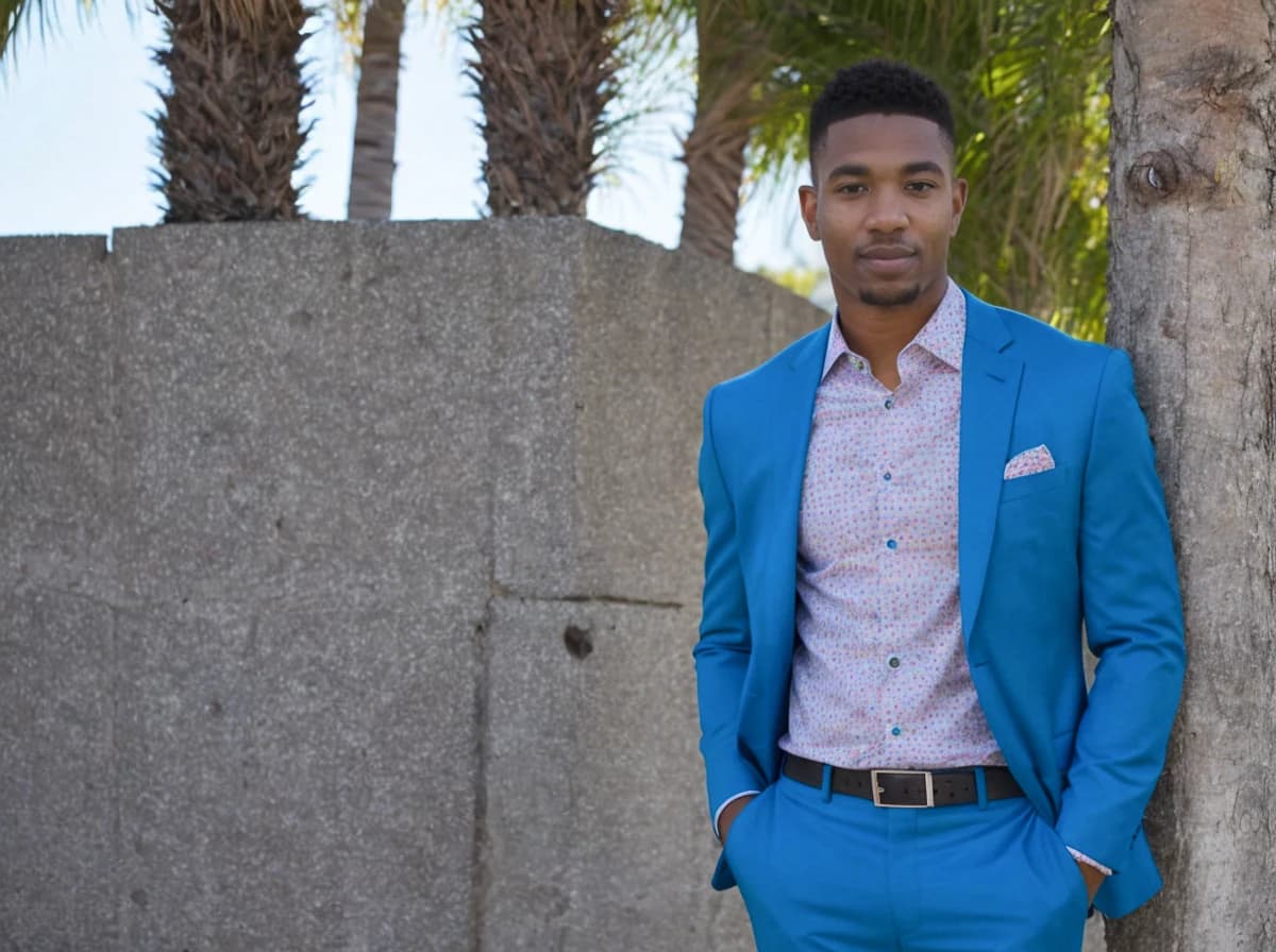 A man standing against a wall with palm trees in the background, dressed in a sharp blue suit with a patterned shirt and a pocket square.