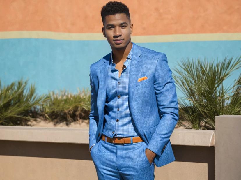 A man dressed in a stylish blue checkered suit with a light blue button-up shirt and brown belt, standing in front of a wall with orange and turquoise stripes. He has one hand in the pocket of the trousers and is wearing a pocket square that matches the suit color.
