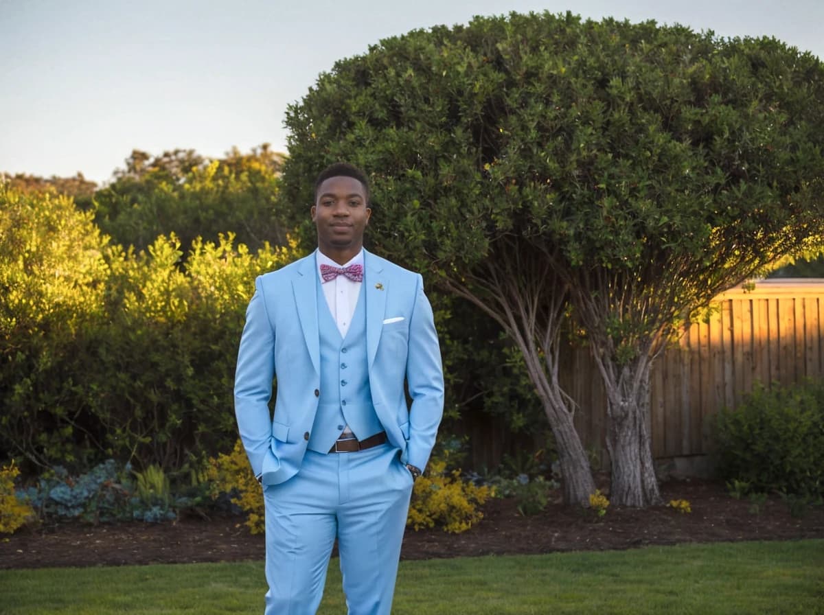 A man wearing a light blue suit with a pink patterned bow tie and a gold lapel pin standing in front of a well-manicured garden with a large bush and wooden fence in the background during the daytime.