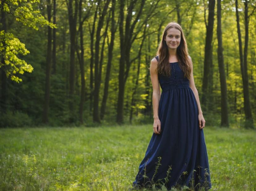 A woman in a long, dark blue dress standing in a sunlit forest clearing surrounded by lush green trees.