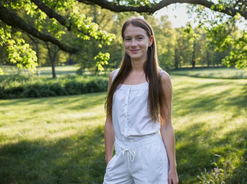 A woman in a white sleeveless top and white shorts standing in a sunlit park with lush green trees and a clear sky in the background.