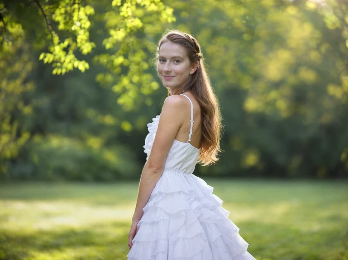 A woman with long hair wearing a white ruffled dress standing in a sunlit park, with lush green trees and grass in the background.