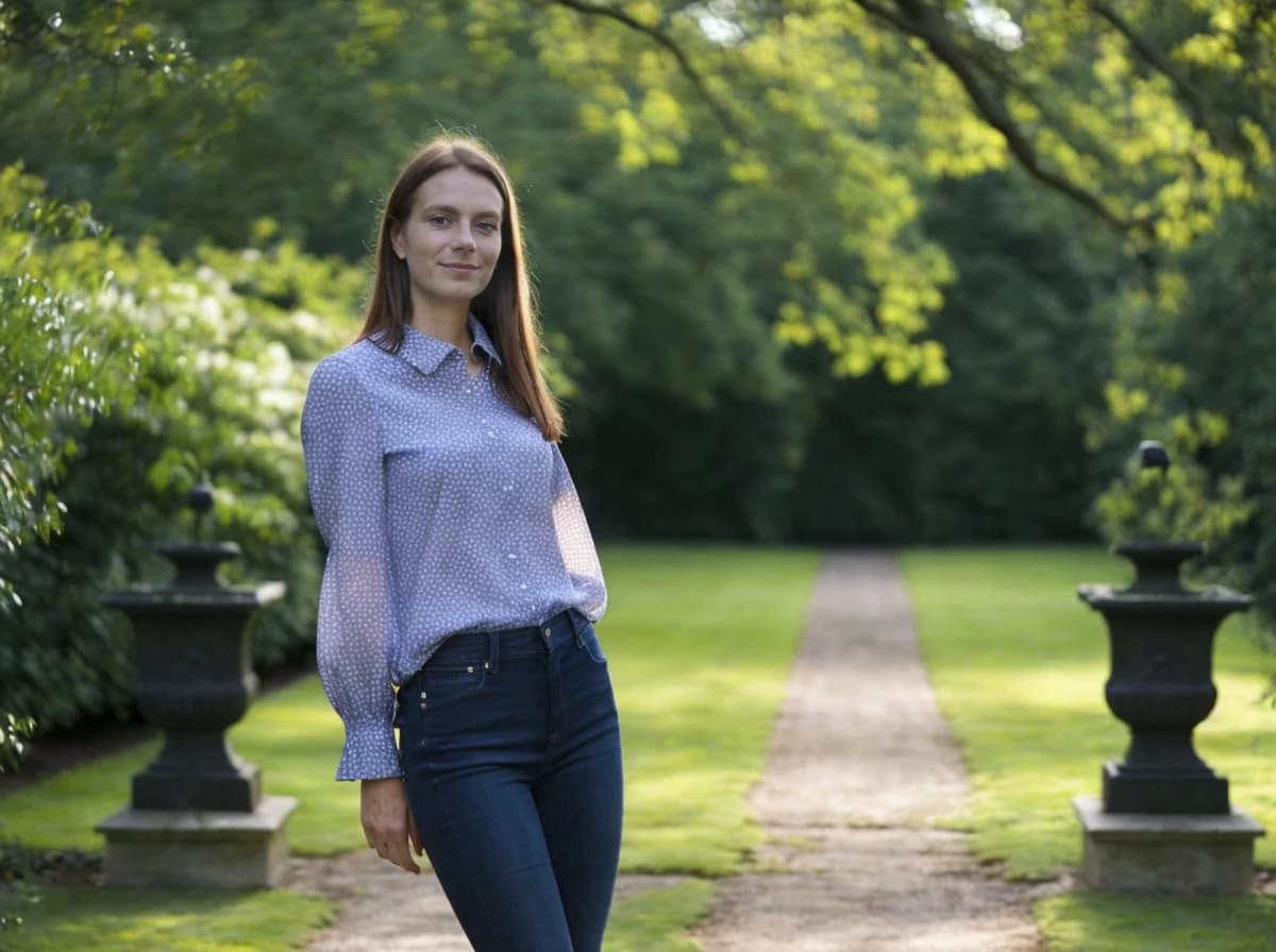 A woman standing in a garden pathway lined with greenery and trees, wearing a blue polka dot shirt and dark jeans. There are ornamental stone urns on pedestals beside the path.