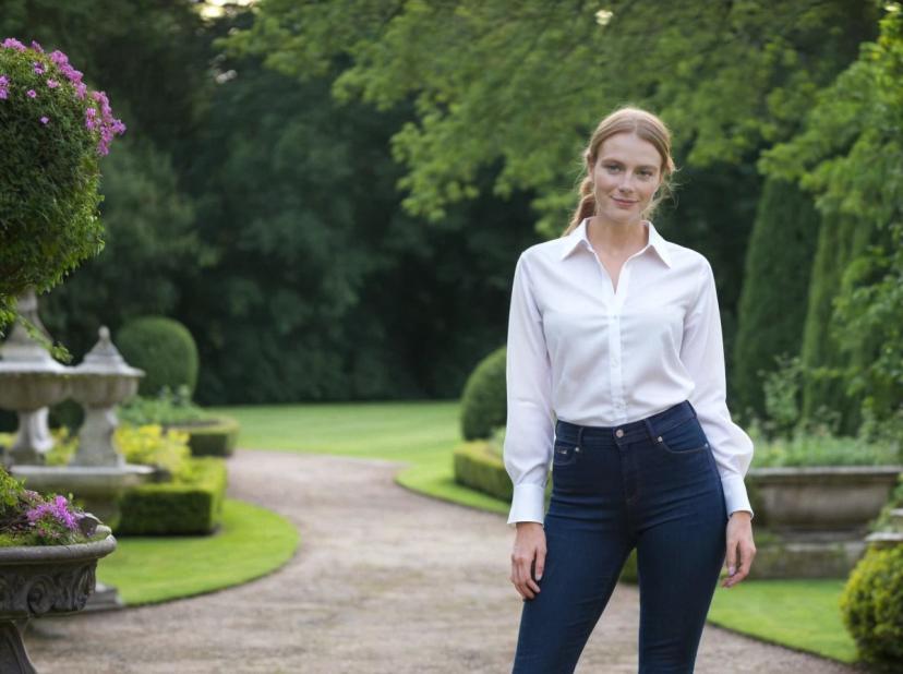 A woman wearing a white shirt and blue jeans standing on a garden path with manicured bushes and a stone planter on the side.