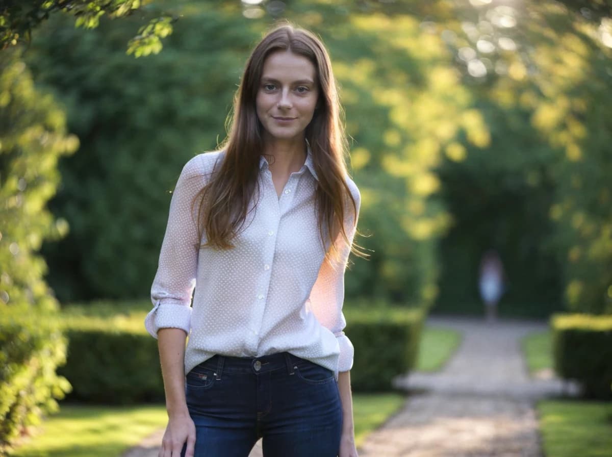 A woman standing on a pathway in a park with lush greenery, wearing a white polka-dotted blouse and blue jeans.