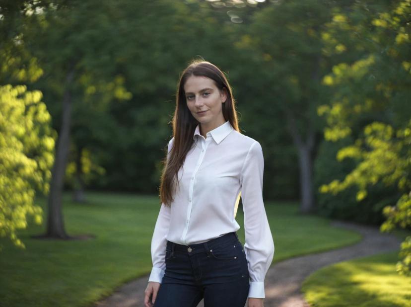 A woman standing on a pathway in a lush green park, wearing a white shirt and dark blue jeans. The background is softly blurred with trees and sunlight filtering through the leaves.