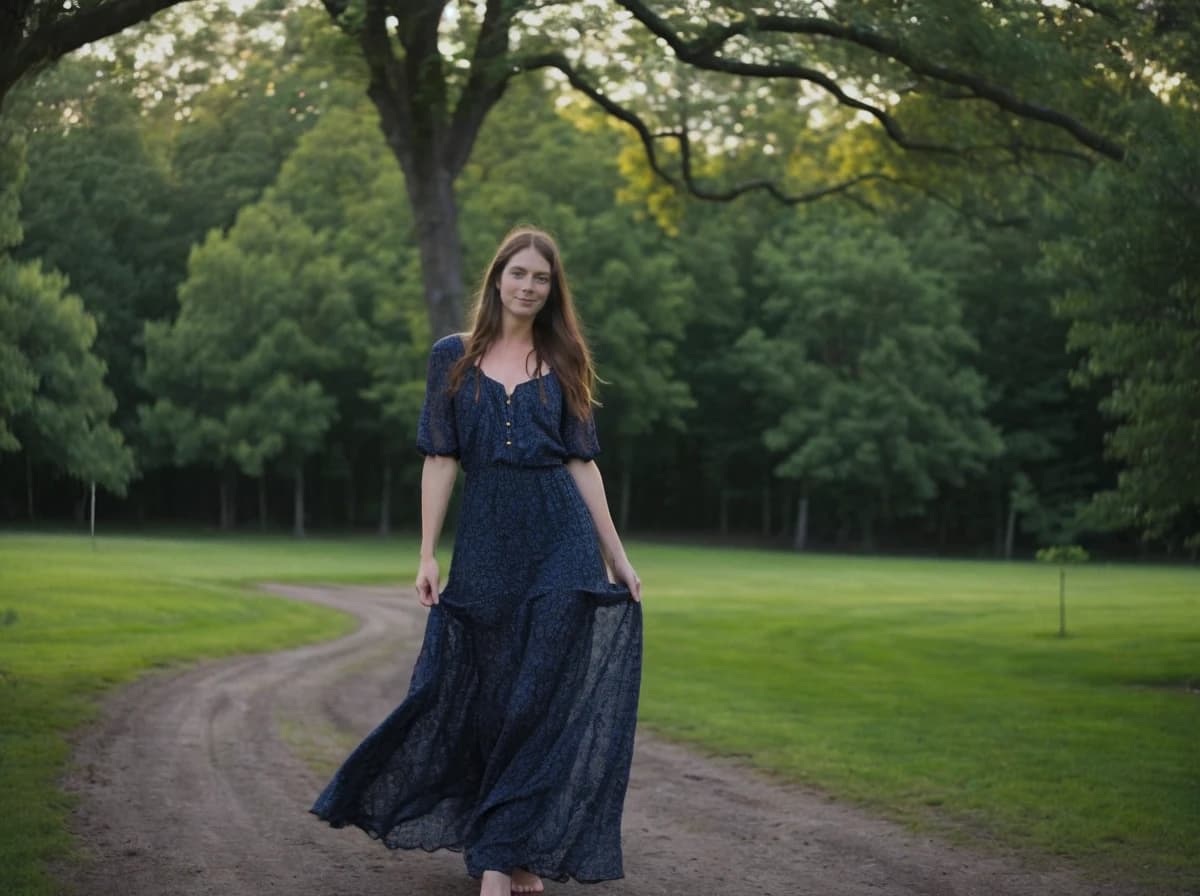 A woman standing on a dirt path in a lush green park, wearing a long dark blue dress with short sleeves and holding the dress's hem, with trees in the background.