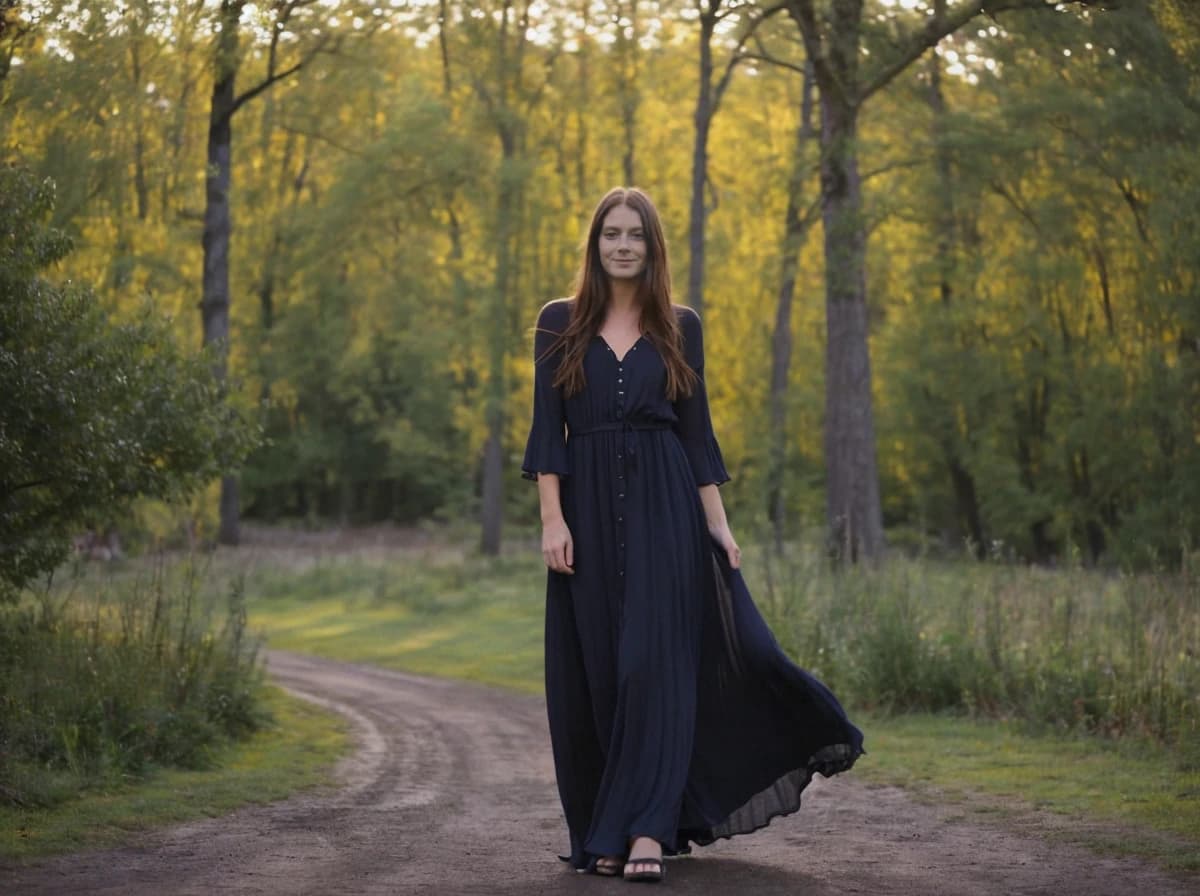 A woman standing in a sunlit forest pathway wearing a flowing dark dress and sandals, surrounded by lush green trees with sunlight filtering through the foliage.