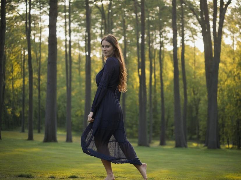 A woman in a flowing blue dress with long hair walks barefoot on a grassy field with a backdrop of tall, slender trees bathed in soft golden sunlight.
