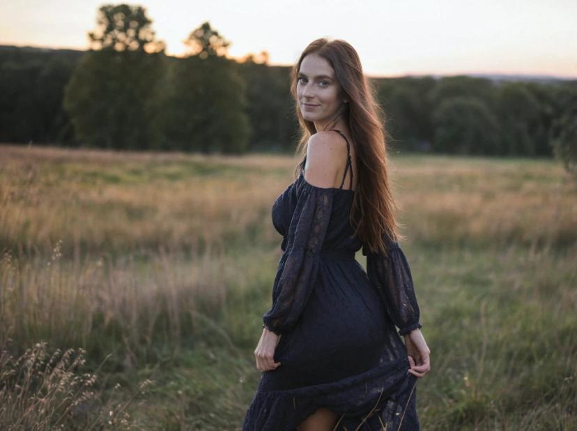 A woman in a flowy dark blue dress with her hair down, standing in an open field during sunset.