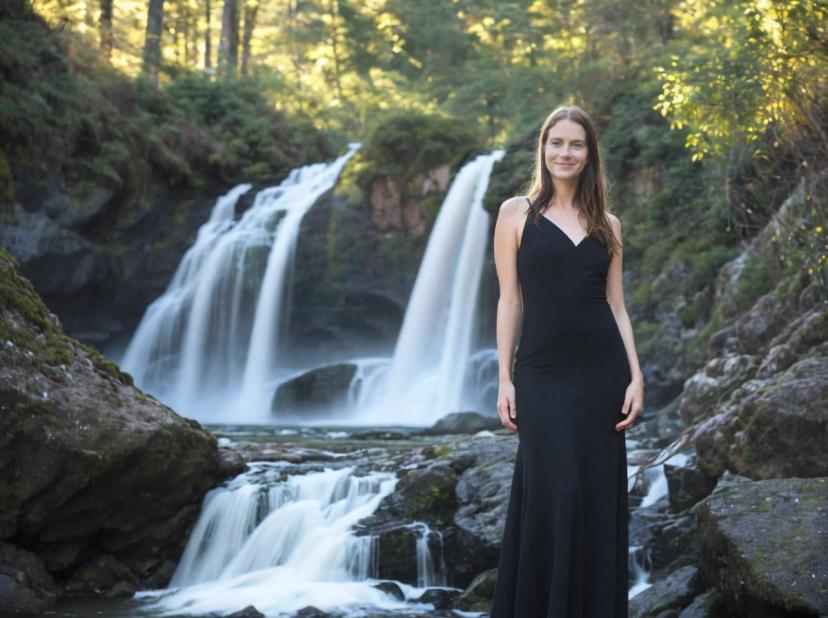 A woman in a black sleeveless dress standing in front of a multi-tiered waterfall surrounded by lush greenery. The sunlight filters through the trees, illuminating the mist from the waterfall.