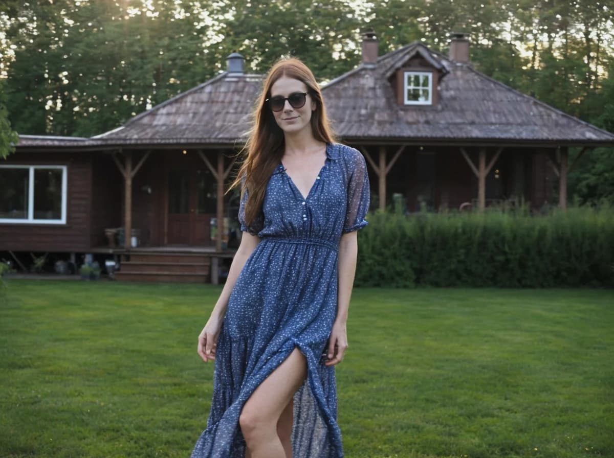 A woman standing on the grass in front of a rustic wooden house with a green roof, surrounded by trees. She is wearing a blue patterned dress with a flowing skirt. The background features a well-manicured lawn, shrubs, and the house has a raised wooden porch.