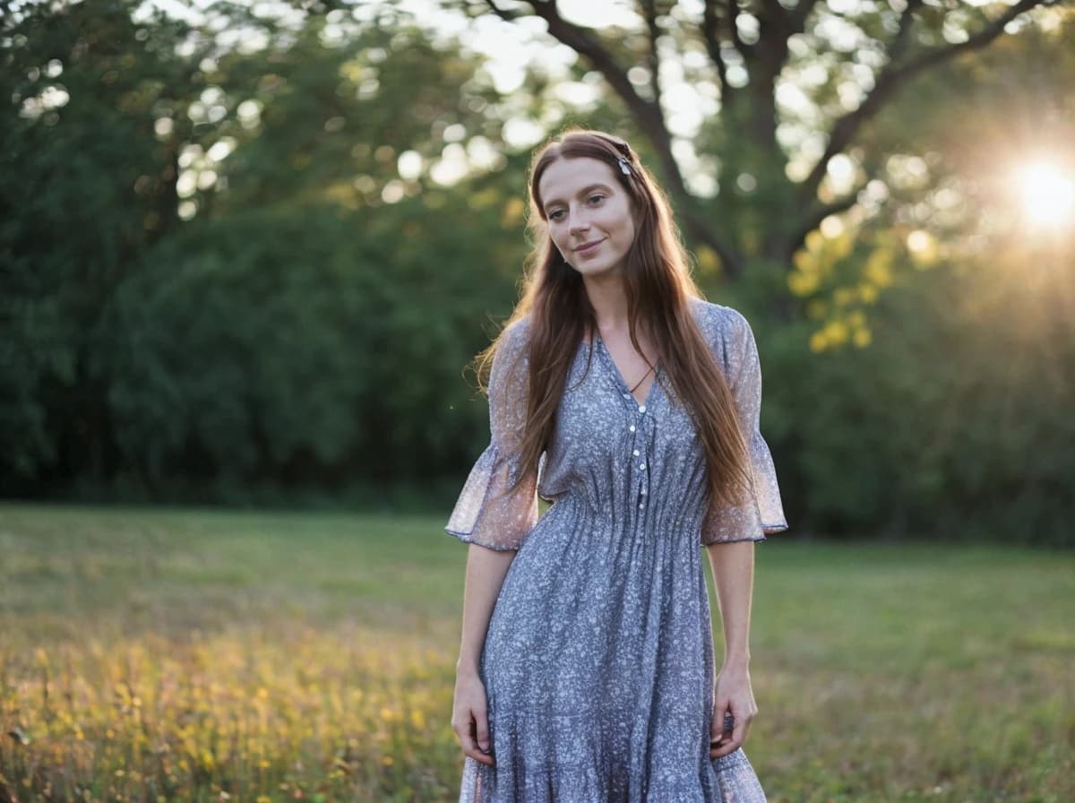 A woman standing in a field with trees in the background, wearing a floral dress, with the sunlight filtering through the foliage creating a warm ambiance.