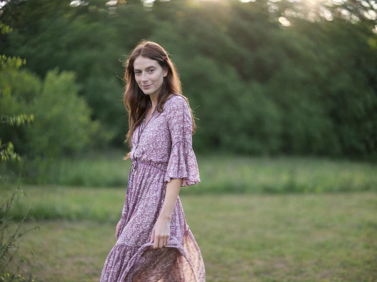 A woman in a floral dress standing in a sunlit field with trees in the background.