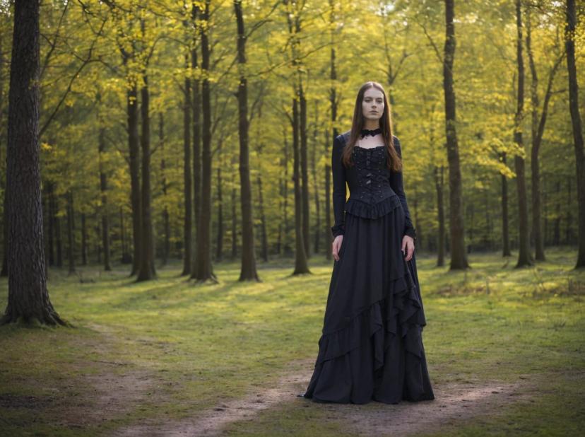 A woman in a long, black, ruffled gown standing in the center of a sunlit forest clearing, with tall trees and green foliage in the background.