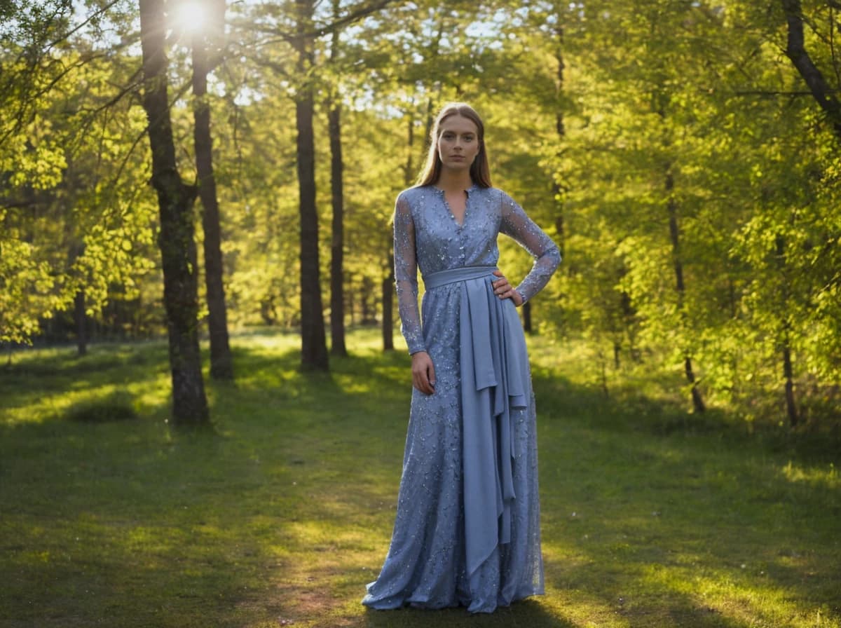 A woman in an elegant blue lace dress standing in a sunlit forest with lush green trees and a serene atmosphere.