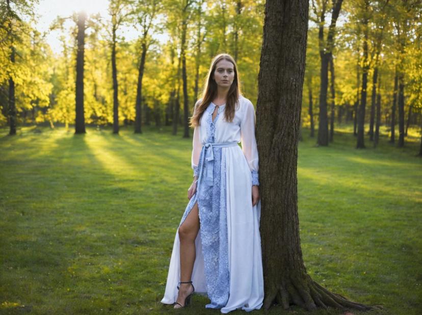 A woman in a flowing white and blue dress leaning against a tree in a sunlit forest clearing.
