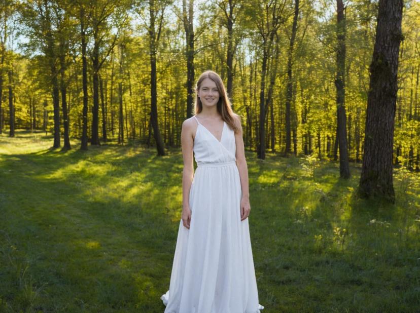 A woman in a white dress standing in a sunlit forest with tall trees and lush green grass.
