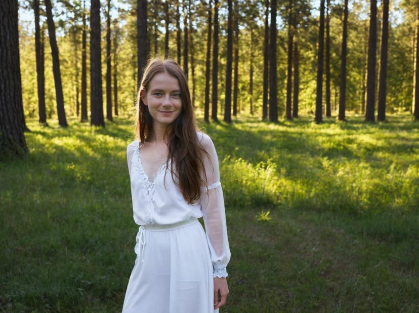 A woman standing in a sunlit forest, wearing a white dress with lace details on the sleeves and neckline. The background shows tall trees casting shadows on the vibrant green forest floor.