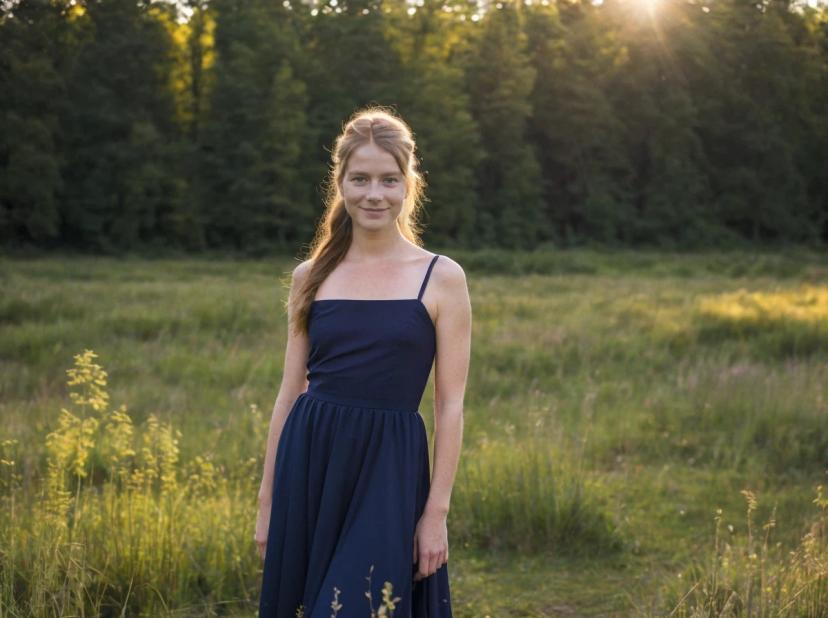 A woman in a blue dress standing in a sunlit field with trees in the background during golden hour.