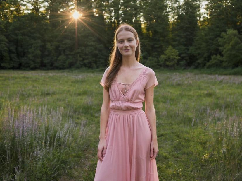 A woman in a pink dress standing in a field with tall grass and wildflowers during sunset, with the sun creating a starburst effect through the trees in the background.