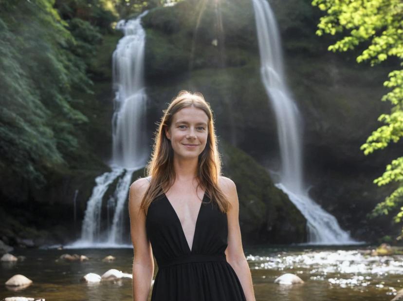 A woman in a black sleeveless dress standing in front of a cascading waterfall surrounded by lush greenery. The water flows over moss-covered rocks and into a serene pool below. Sunlight filters through the trees, creating a peaceful, natural setting.