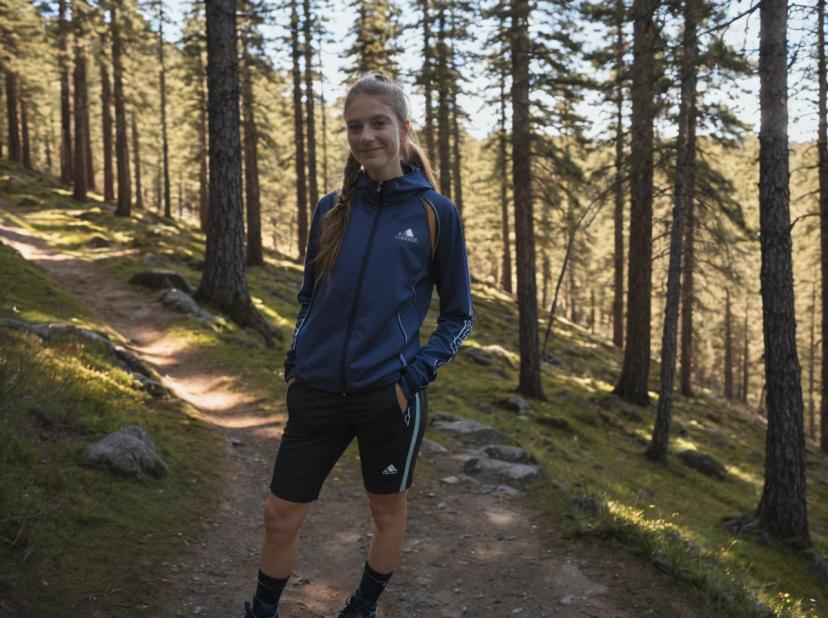 A woman wearing a navy blue Adidas tracksuit stands on a forest trail with hands on hips, surrounded by tall pine trees and dappled sunlight.